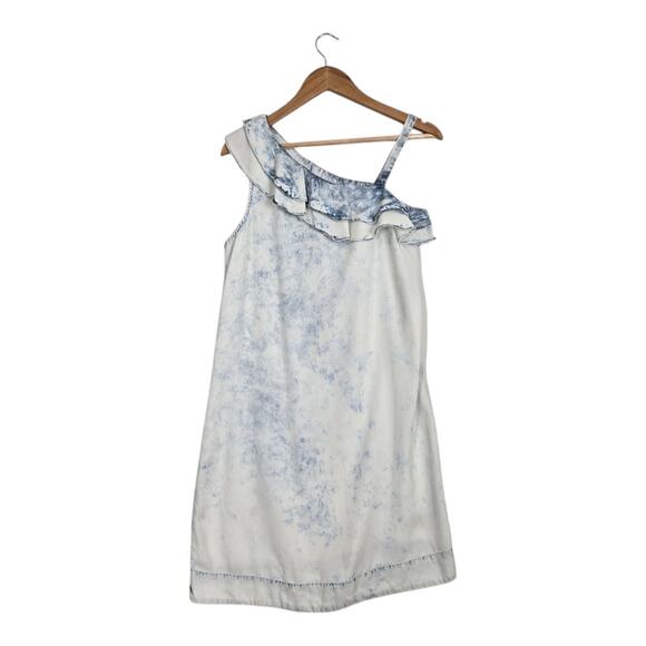 Anthro Holding Horses Dress XS Acid Wash Chambray Ruffle One Shoulder Tie Dye - Picture 1 of 11